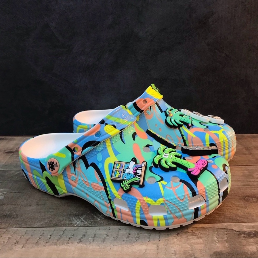 Colorful Women’s Clog Shoes with Tropical Charms - Blue/Multicolor - Picture 8 of 9